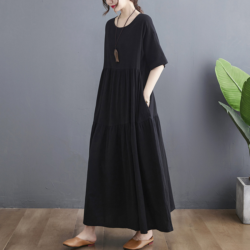 Literary Cotton Linen Solid Color Short Sleeve Midi Dress