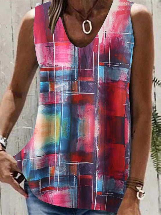 Women Sleeveless V-neck Plaid Tie Dye Top