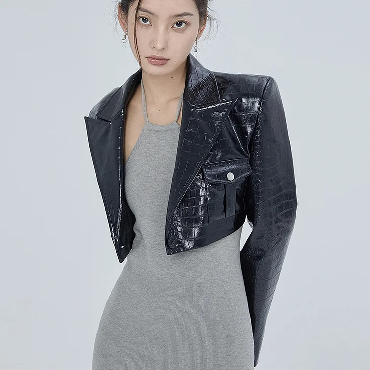 Cool Solid Color Lapel Crocodile Texture Leather Crop Jacket & Lace-up with Side Slit Skirt Set 