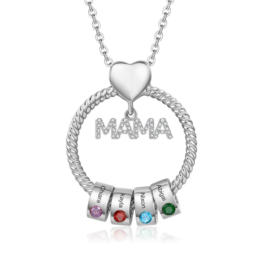 4 Names Personalized Mama Circle Necklace With 4 Birthstones Pendant
