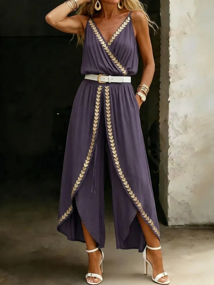 Women's Fashionable Casual V-neck Heart-patterned Lace-trimmed Jumpsuit