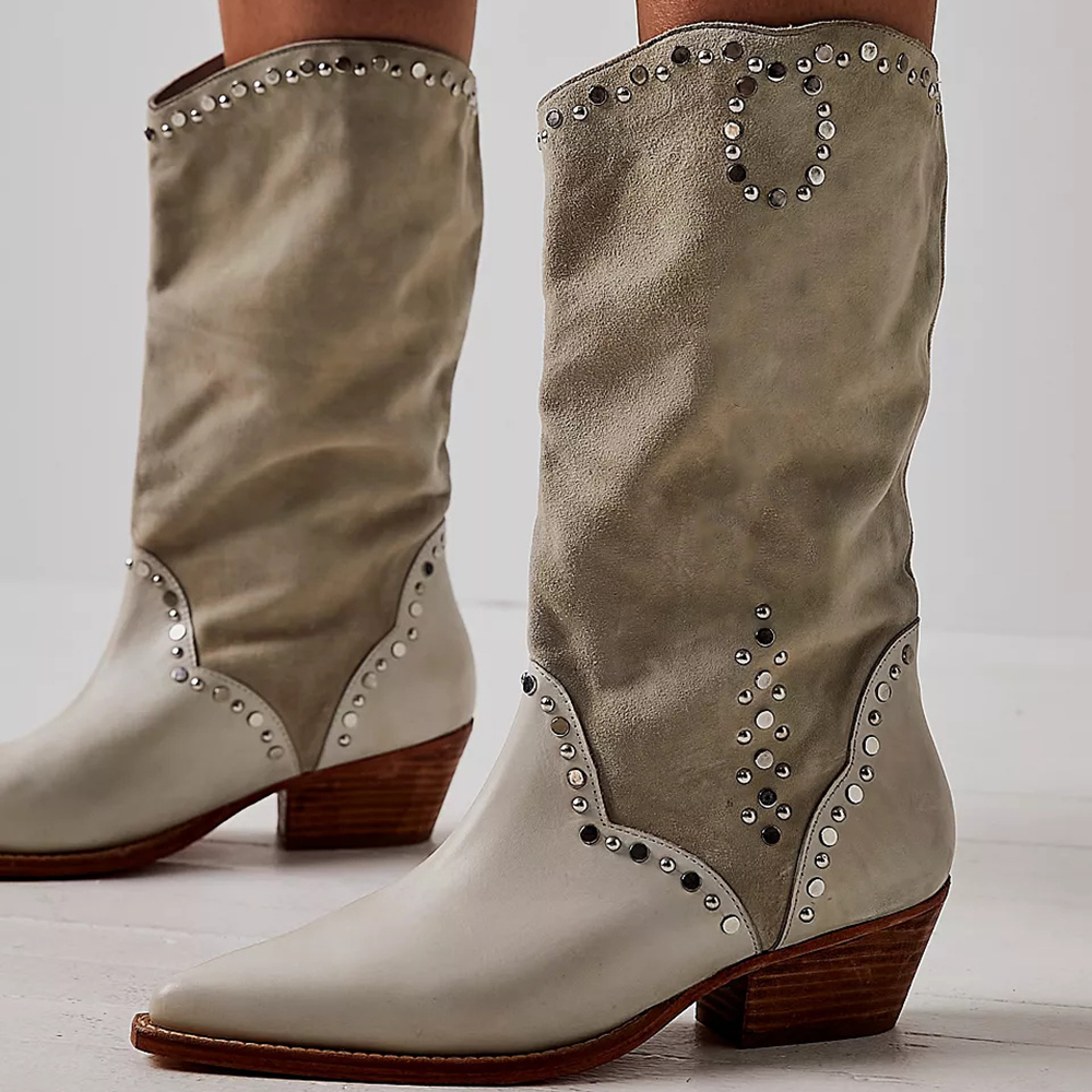 Vegan Suede Pointed Toe Studded Mid-Calf Western Boots for Women