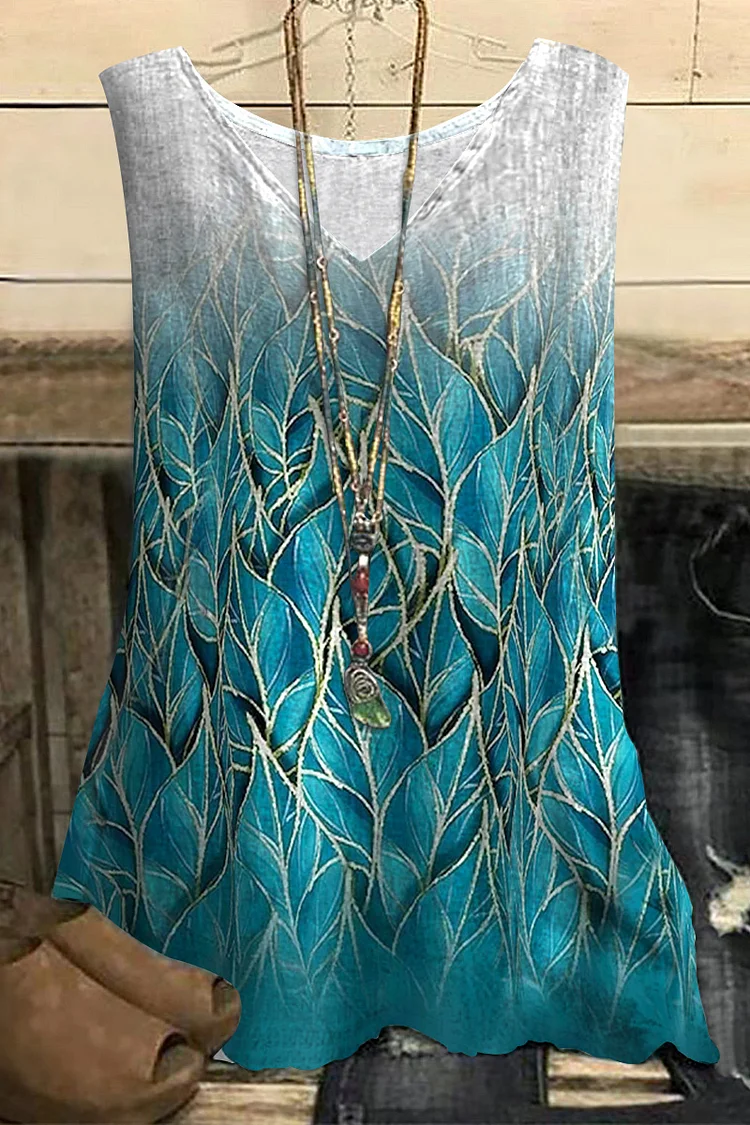 Flycurvy Plus Size Casual Cyan Cotton And Linen Gradient Plant Print Tank Top  Flycurvy [product_label]