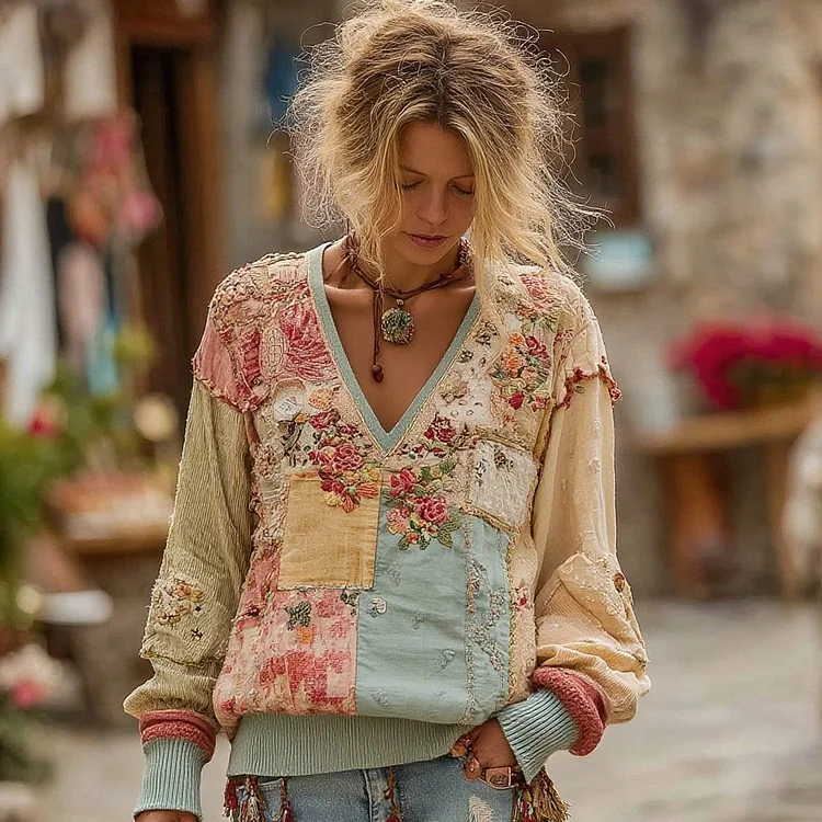 Women's Retro Bohemian Floral Stitching Comfortable V-neck Sweatshirt