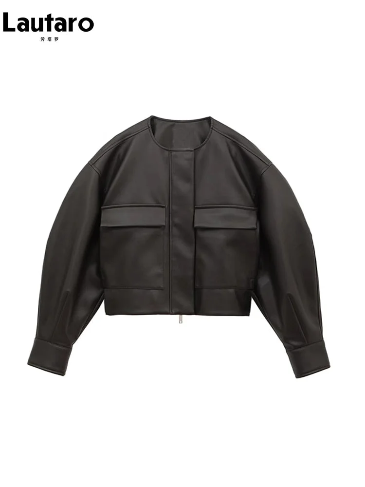 Huiketi Autumn Cool Oversized Short Black Soft Pu Leather Jacket Women with Front Pockets Long Sleeve Luxury Designer Clothing