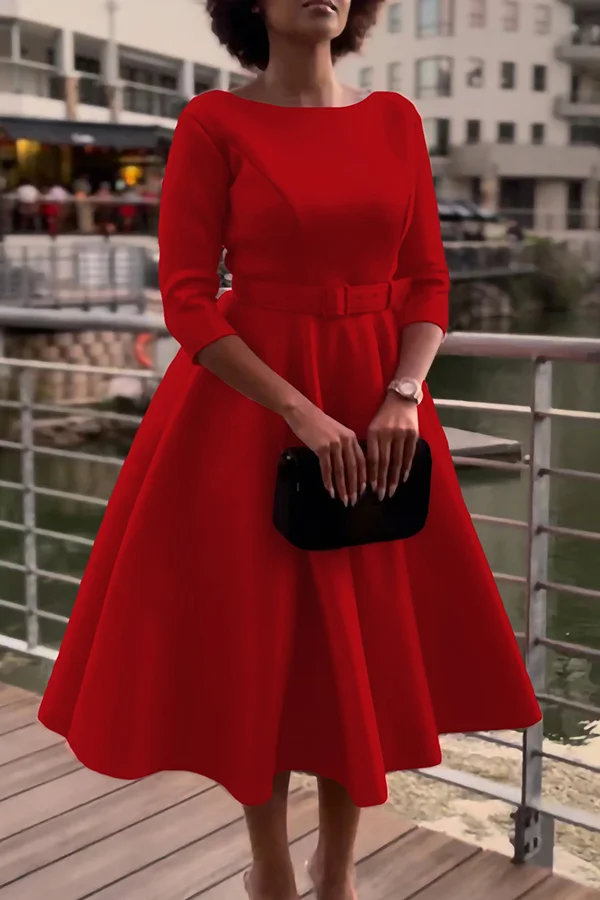 Elegant A-Line Solid Color 3/4 Length Sleeve Belt Midi Dress