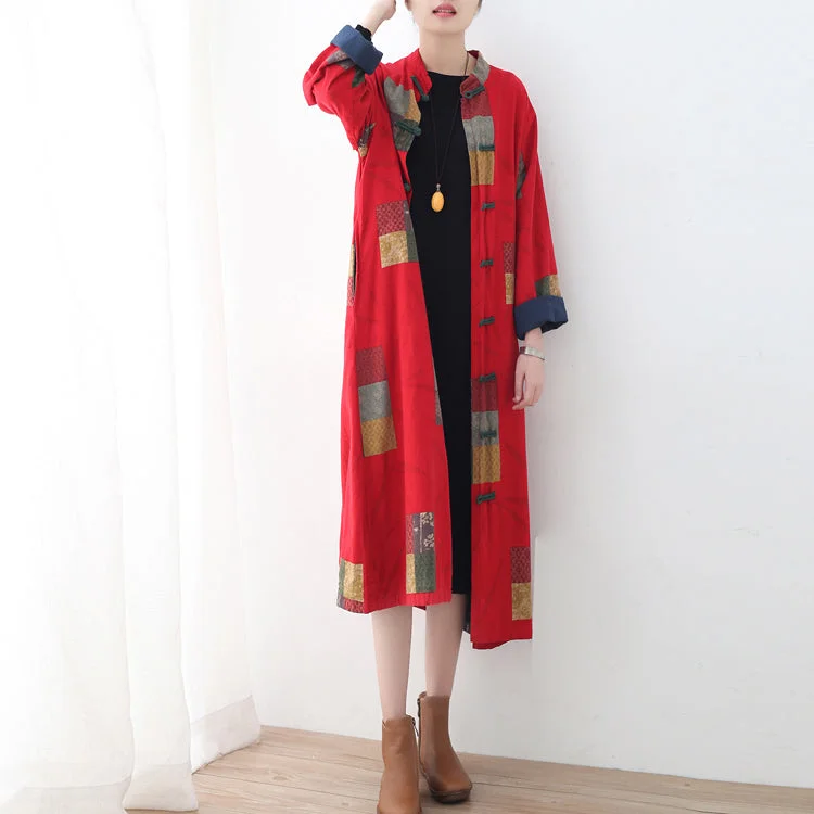 Fine red linen coat oversized patchwork long cotton cardigan Fine Chinese Button traveling clothing