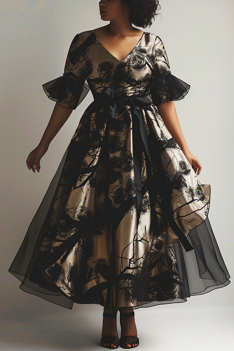 Xpluswear Design Plus Size Prom Black Floral V Neck Tulle Midi Dresses [Pre-Order]