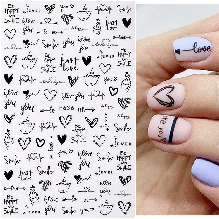 1pcs 3D Nail Sticker Black Heart Love Self-Adhesive Slider Letters Nail Art Decorations Stars Decals Manicure Accessories