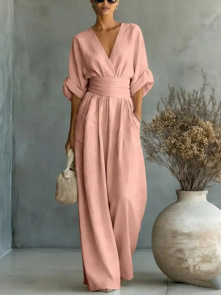  👠👠Hot sale Women's Solid-Color Elegant V-Neck Jumpsuit with Waist-Defining Fit