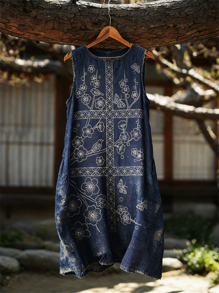 Bird Cherry Blossom Japanese Sashiko Art Flowy Linen Tank Dress wearshes