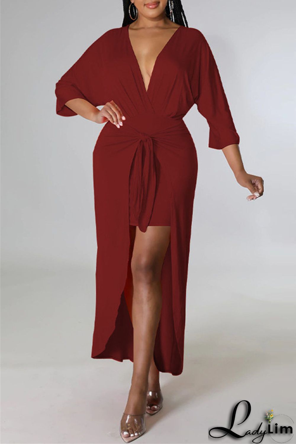 Burgundy Fashion Casual Solid Patchwork V Neck Irregular Dress