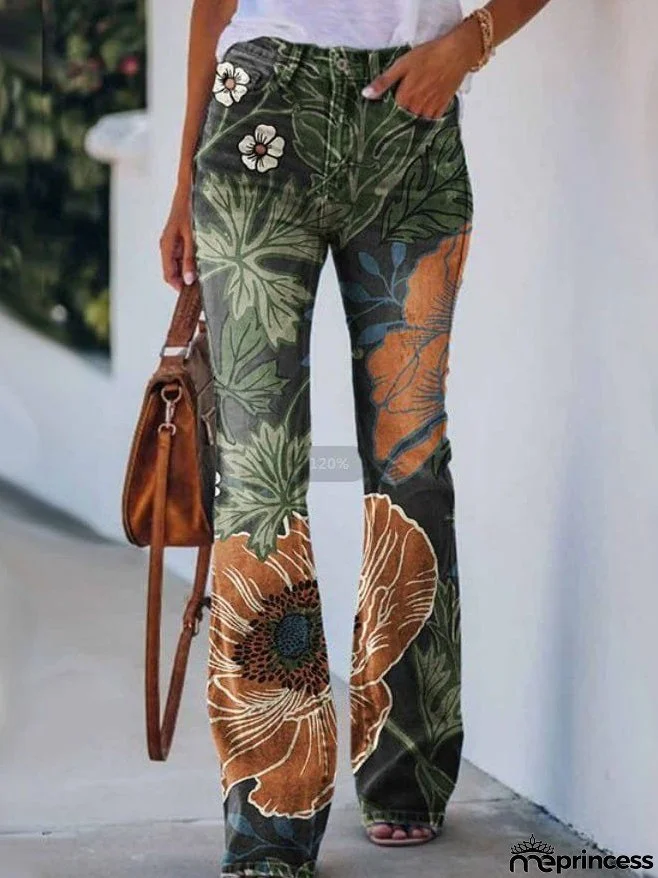 Jeans Printed Single-Breasted Pocket Casual Jeans for Women