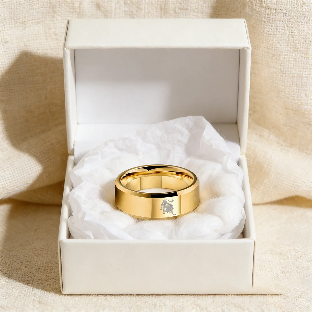 Gold Leo Tungsten Carbide Rings Beveled Edges Gold Laser Etched Couple Wedding Bands 4MM 6MM 8MM Width