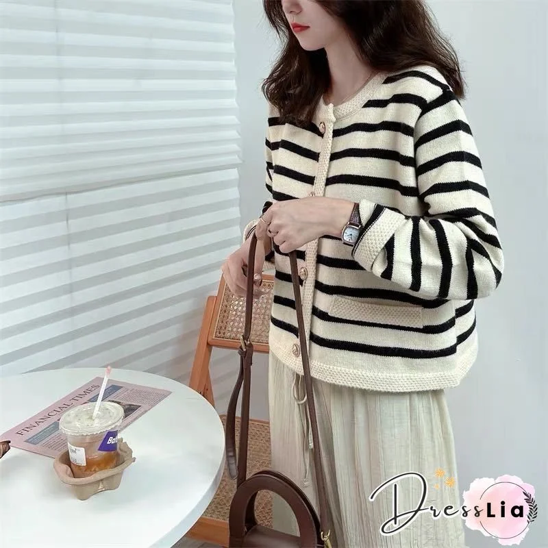 Button Long Sleeve Stripe Casual Sweater For Women