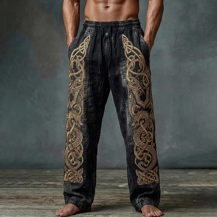 Men's Viking Dragon Celtic Knot Art Comfy Linen Trousers