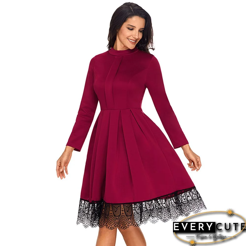 Lace Hemline Detail Burgundy Long Sleeve Skater Dress