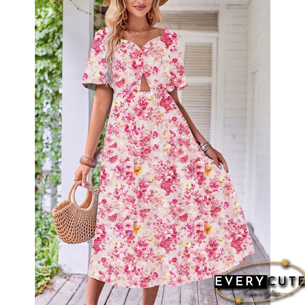 Light Pink Puff Sleeves Back Pleated Floral Dress