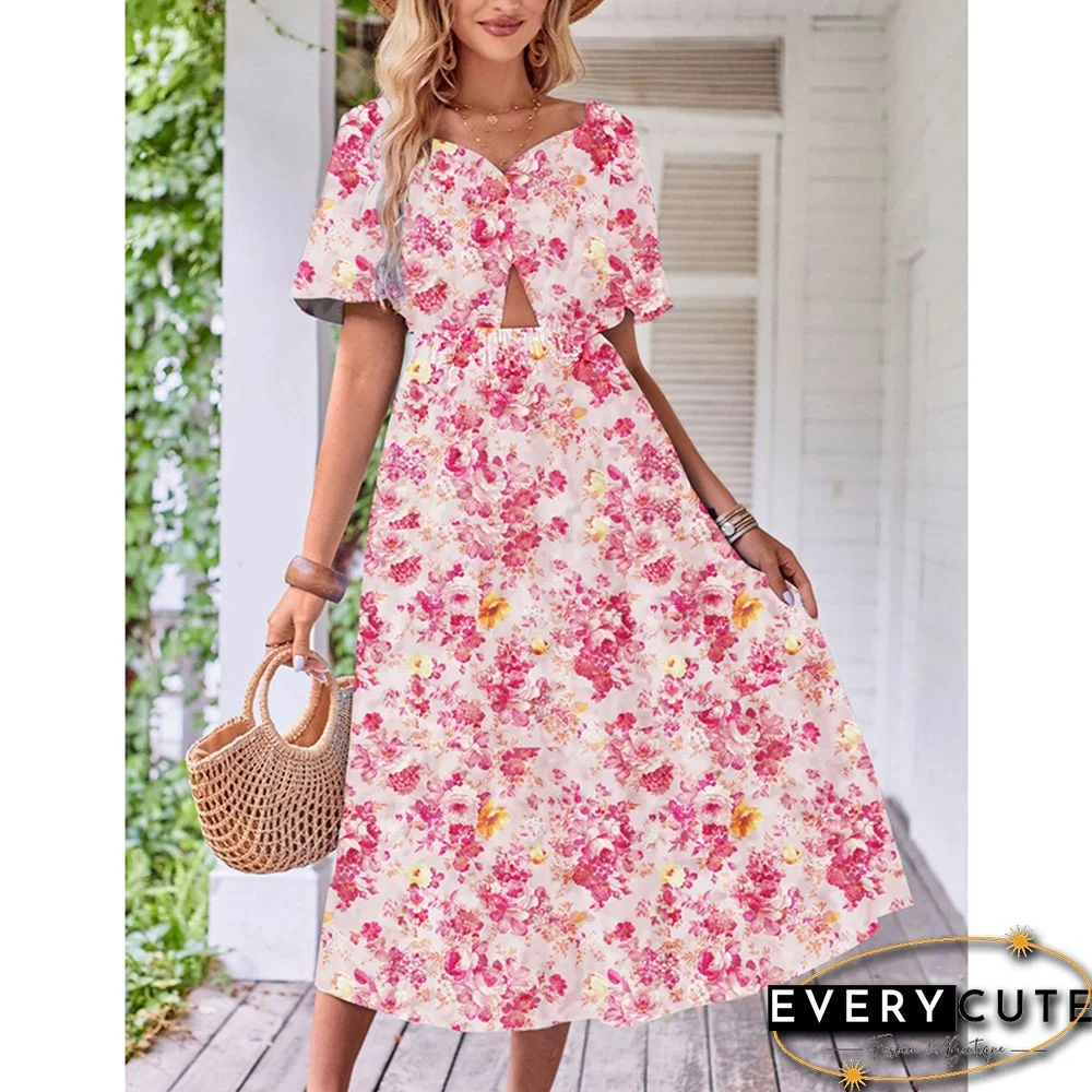 Light Pink Puff Sleeves Back Pleated Floral Dress