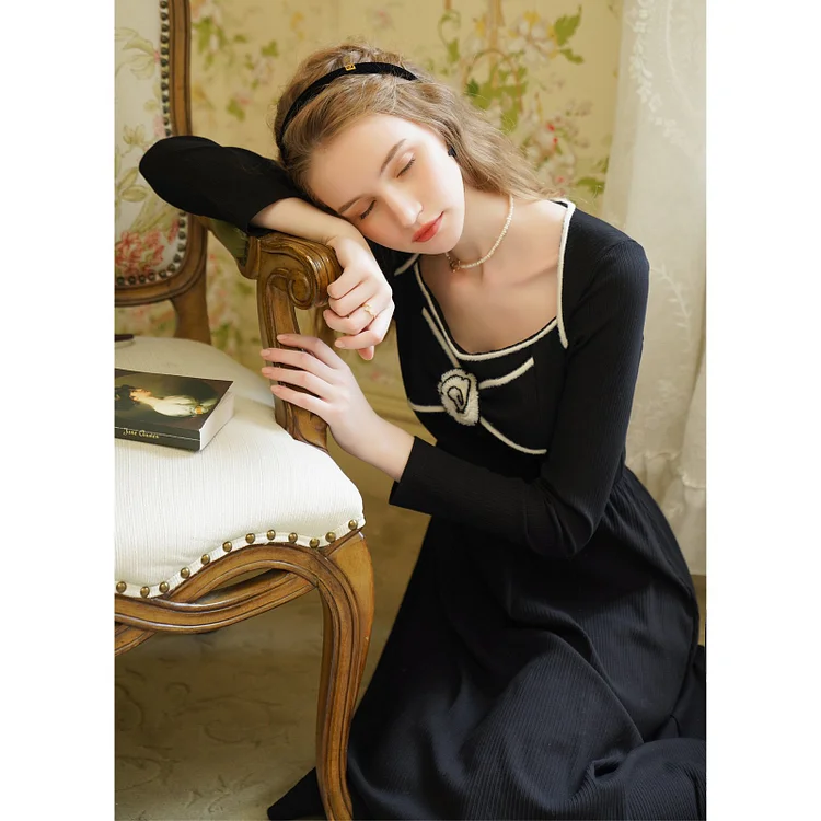 Fairy Tales Aesthetic Elegant Camellia Black Knitted Dress QueenFunky
