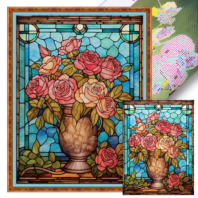 【Huacan Brand】Glass Art- Pink Rose 11CT Stamped Cross Stitch 50*65CM