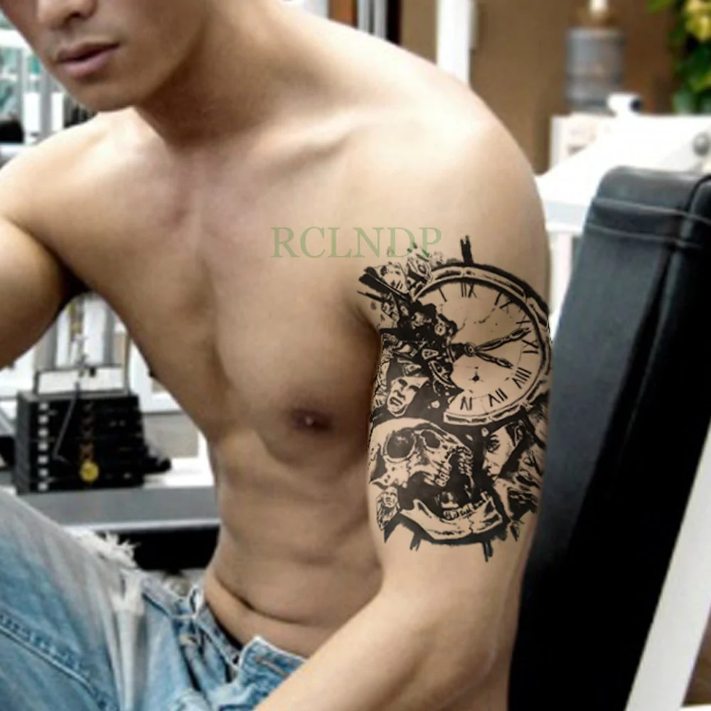 Waterproof Temporary Tattoo Sticker Skull head Clock Fake Tatto Flash Tatoo Back Leg Arm belly big size for Women girl Men