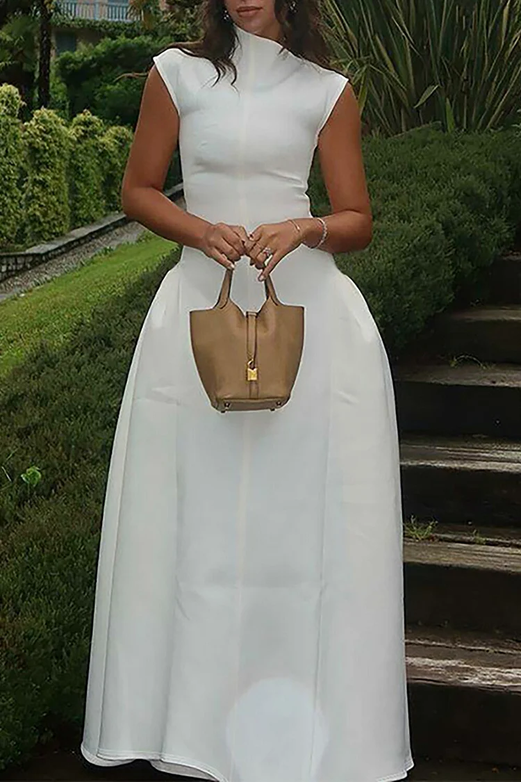 Stand Collar Cap Sleeve Cinch Waist Solid Color Maxi Dresses-White