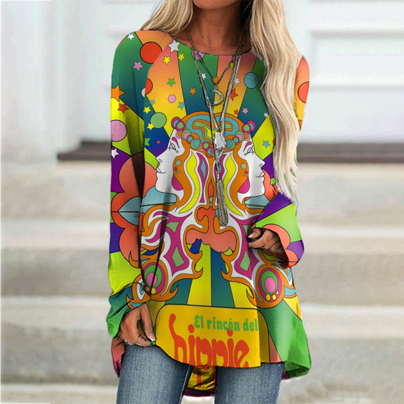Hippy Funny Print Long Sleeve Tunic wearshes