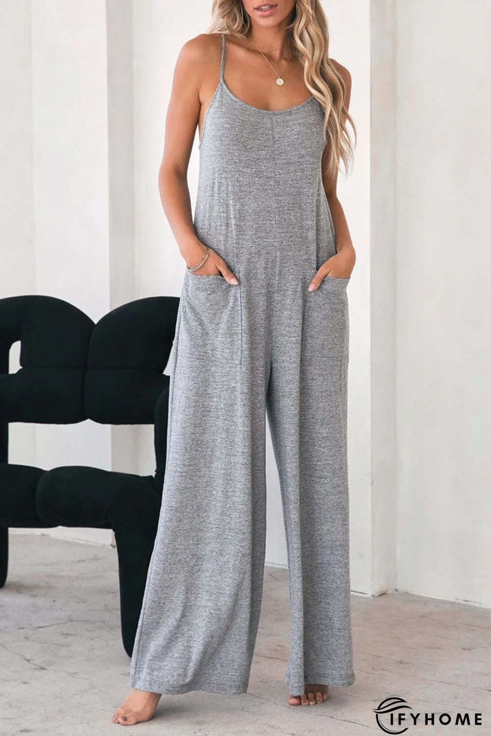 Gray Loose Fit Side Pockets Spaghetti Strap Wide Leg Jumpsuit | IFYHOME
