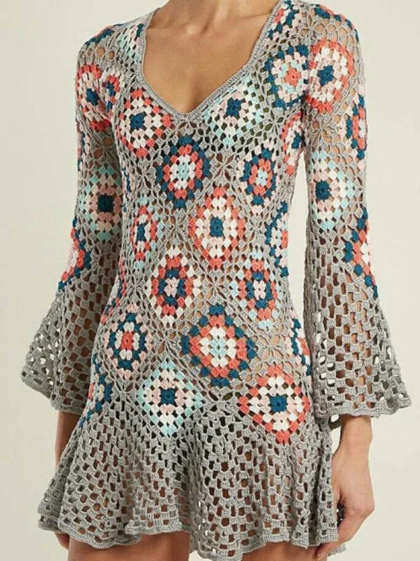 Floral Print Crochetgo Hollow Falbala  Bohemia Mini Dress