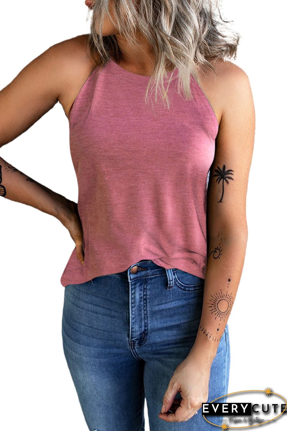 Pink Solid Color Crew Neck Tank Top