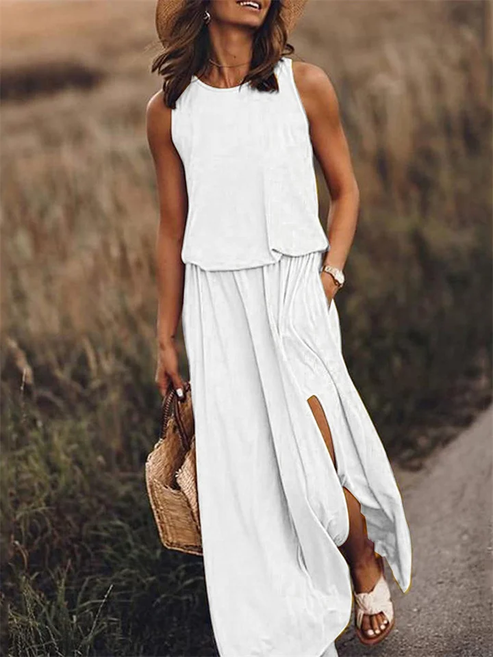 Spring and Summer New European Women's Round Neck Sleeveless Dress Open Solid Color Casual Commuter Long Dress-Hoverseek