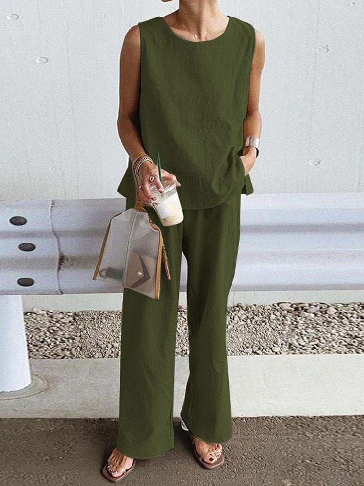 Sleeveless Top And Trousers Solid Color Set