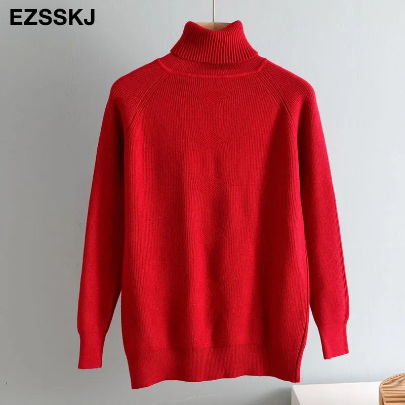 casual Autumn Winter Basic  THICK HIGH-NECK Sweater pullovers Women 2021 loose Knit  Pullover female Long Sleeve Khaki Sweater