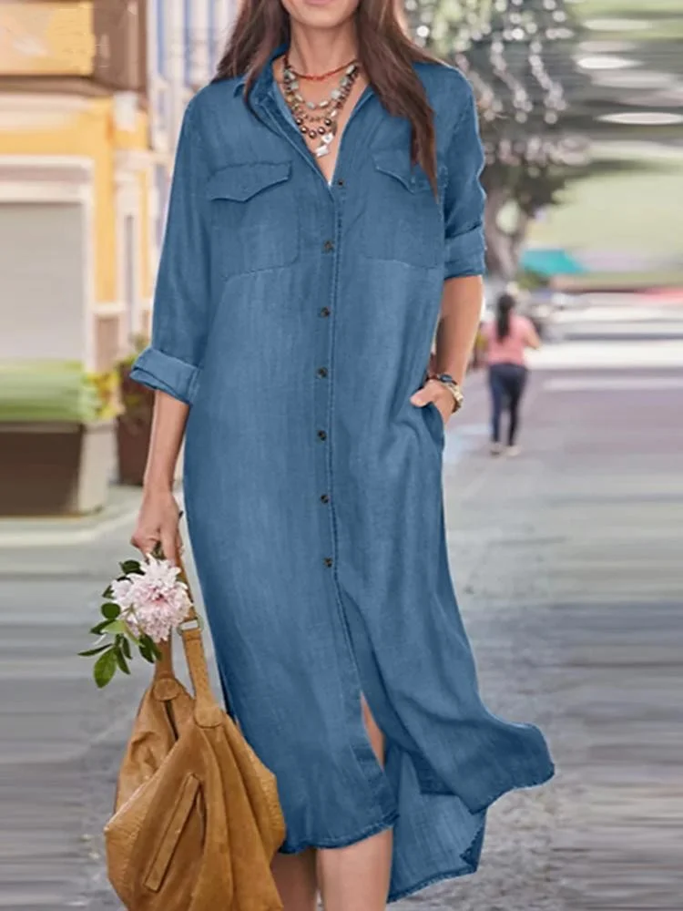 Women's Denim Midi Dress Lapel Long Sleeve Single Breasted Front Pocket Denim Dress