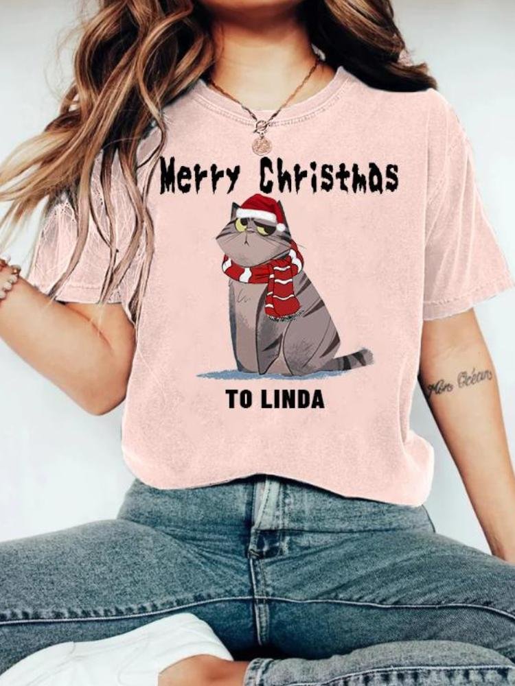 Women's Christmas Cat Printed Long Sleeved Round Neck Sweatshirt