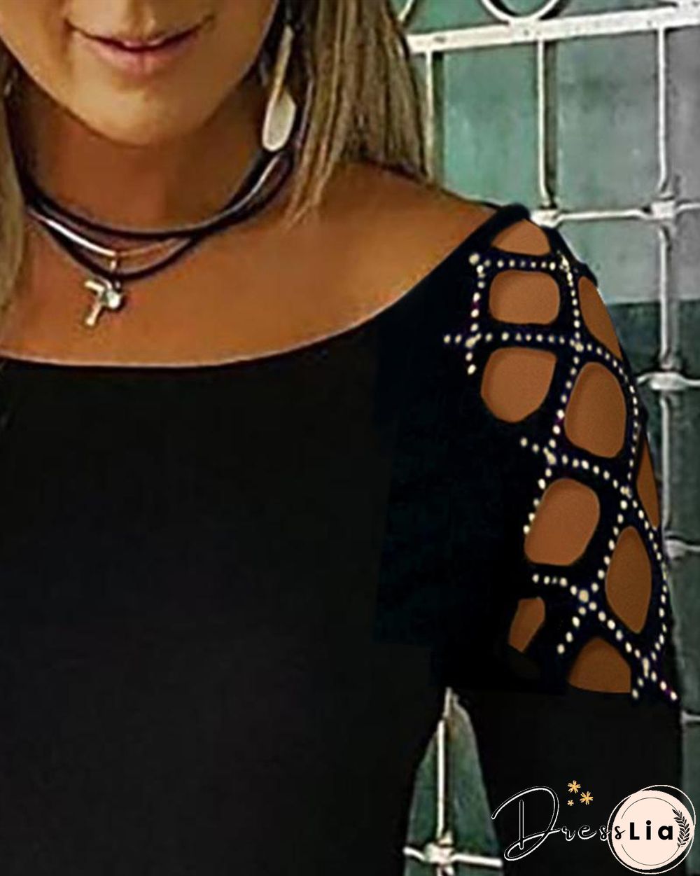 Studded Cutout Long Sleeve Casual Top P15627