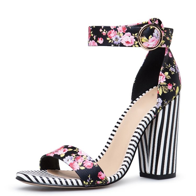 Black Floral Heels Buckle Chunky Heel Ankle Strap Sandals |FSJ Shoes