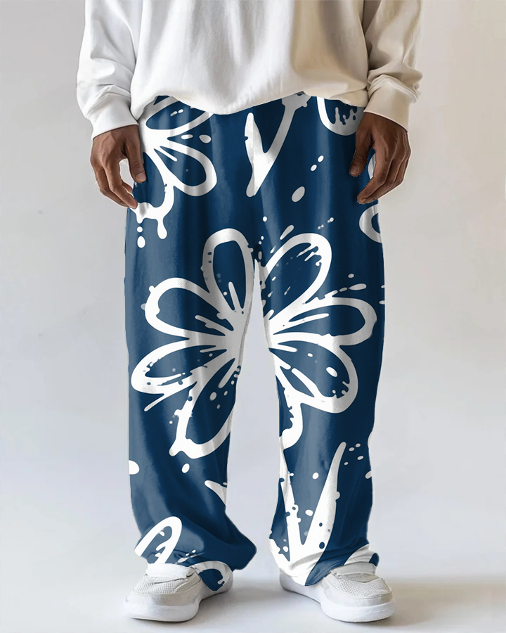 Men's Vintage Ink-Splash White Flower Printed Casual Pocket Big and Tall Pants