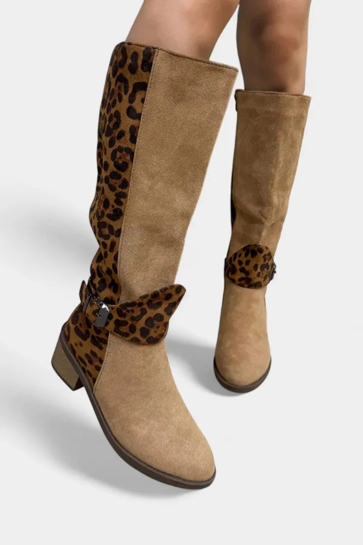 Leopard-Print Knee-High Boots with Adjustable Strap