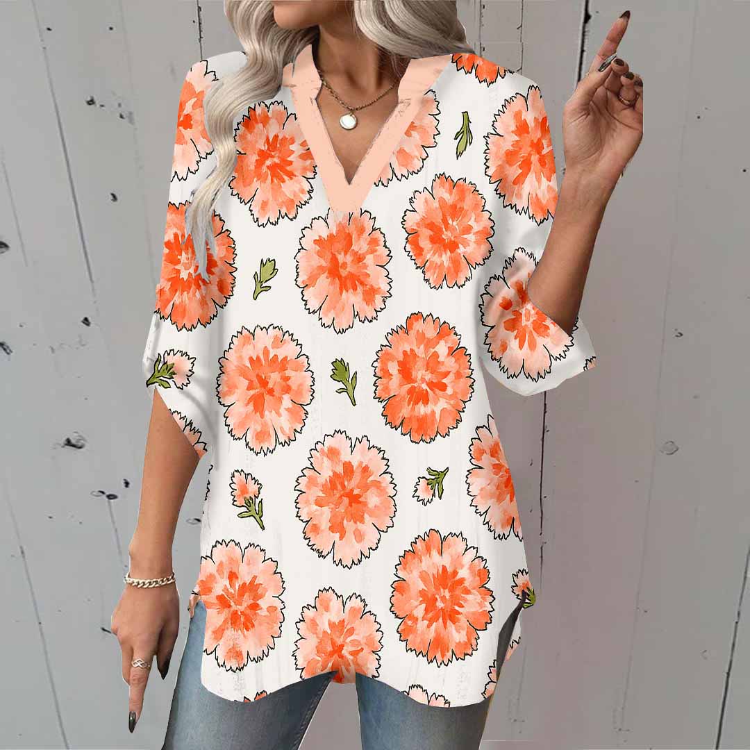 Women Floral, Orange DZGA0187 3/4 Sleeve V-neck Printed Graphic Button Tops