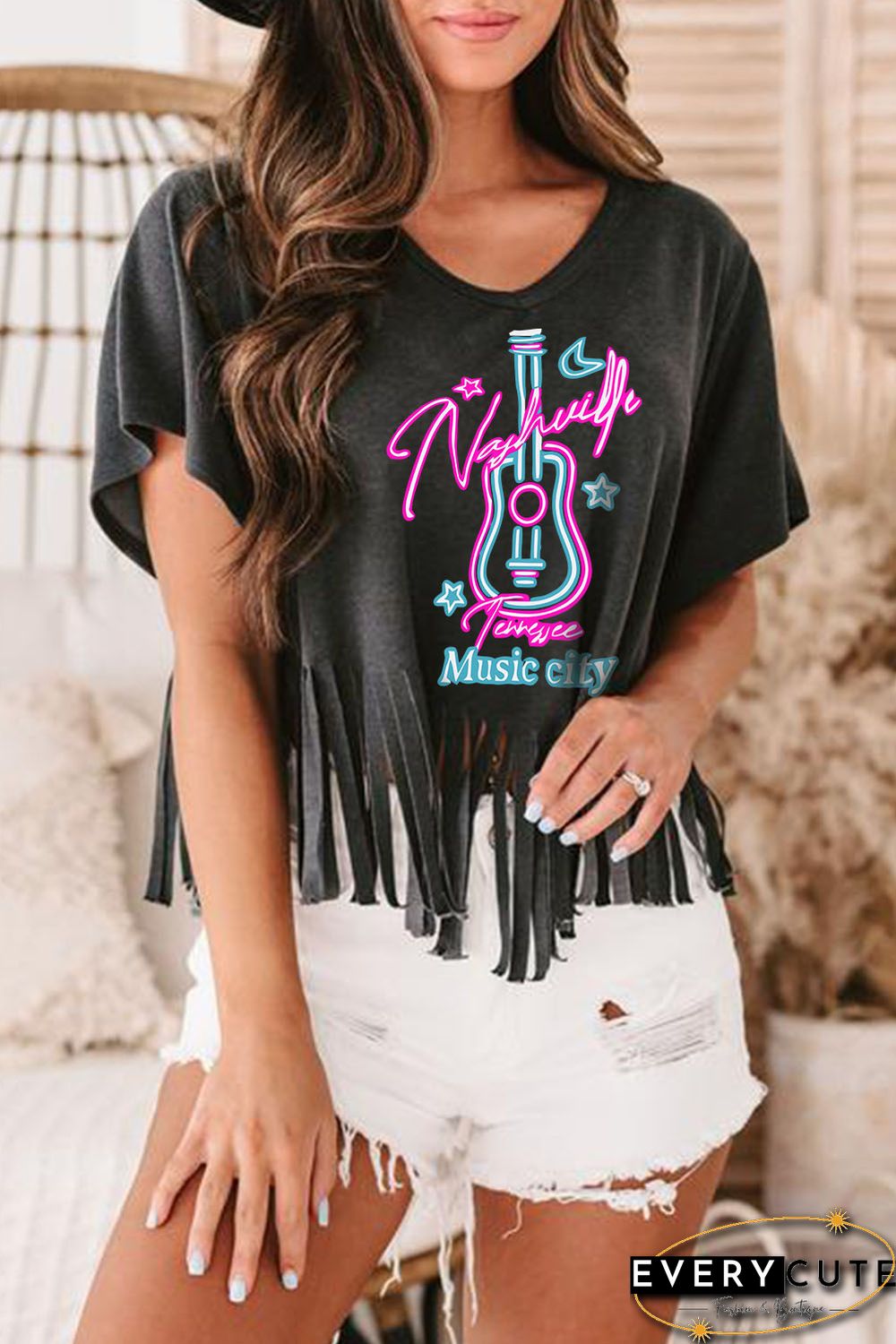 Black Nashville Guitar Slogan Print Fringed V Neck Graphic Tee