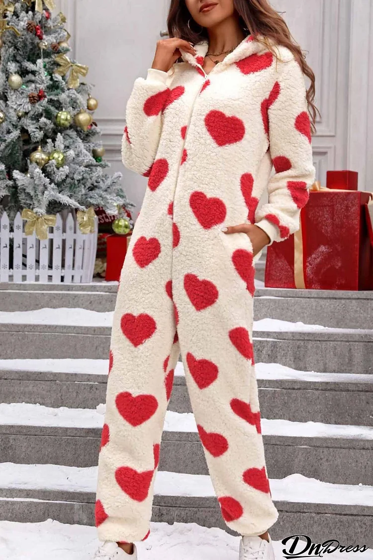 Plush Heart Zip Hooded Jumpsuits