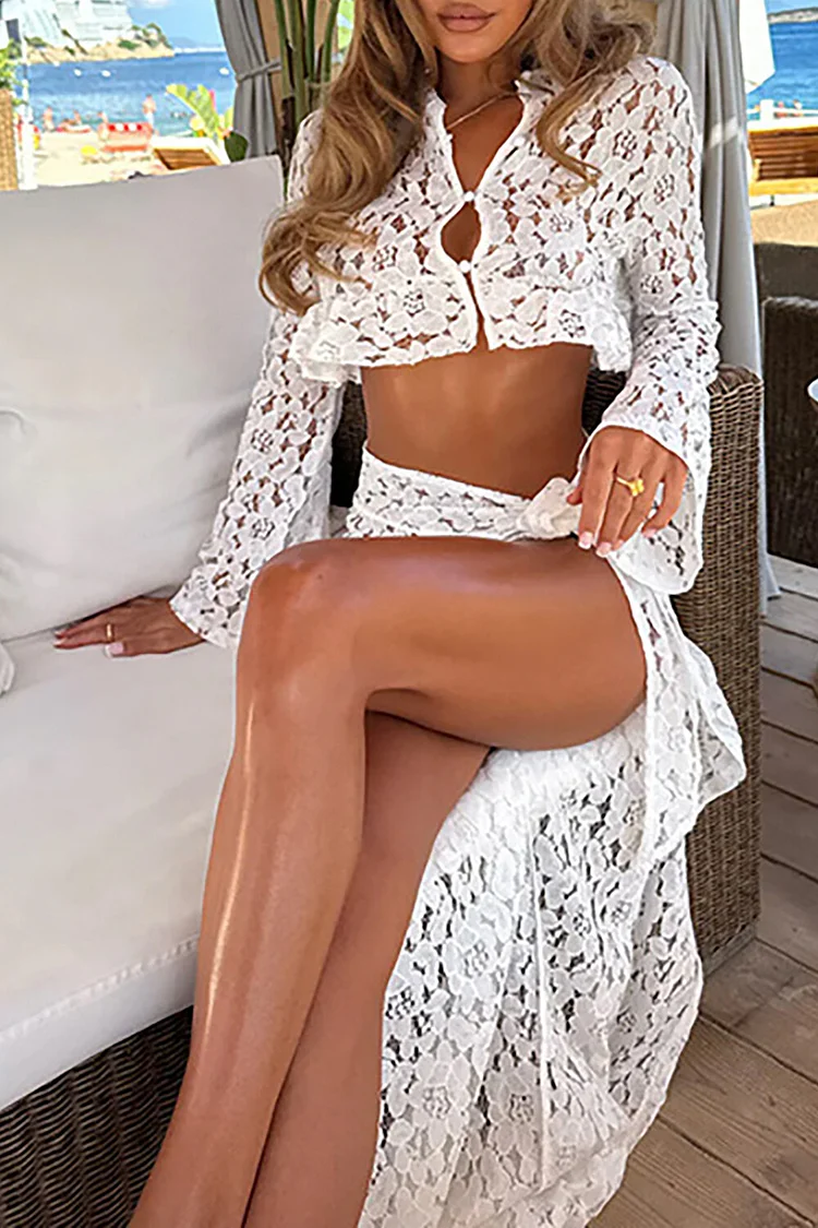 Floral Lace Flare Sleeve Crop Top See Through High Slit Maxi Skirt Set-Black