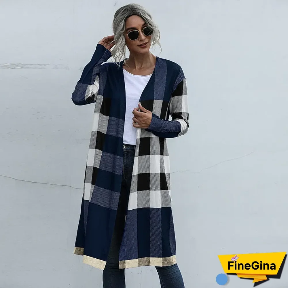 Autumn Women's Plaid Fashion Buttonless Straight Cardigan Coat Women