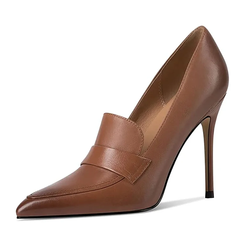 Brown Vegan Leather Pointed Toe Elegant Pumps with Stiletto Heels