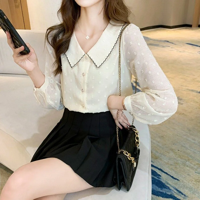 Jangj Summer 2022 New Fashion Sweet Peter Pan Collar Blouse Korean Style Vintage Long Sleeve Shirt Elegant Shirt for Female