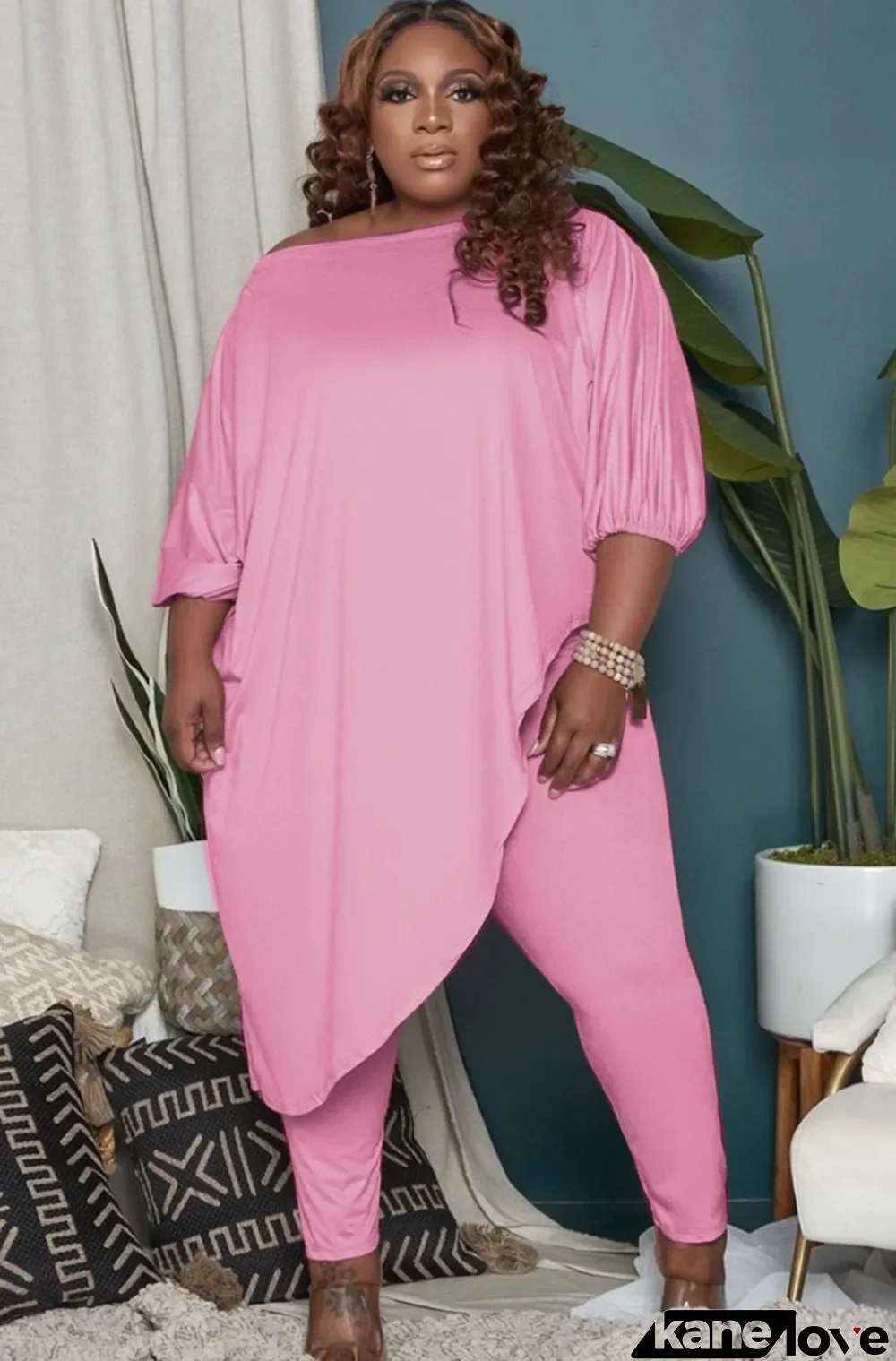 Autumn Plus Size Pink Irregular Long Shirt and Tight Pants Set