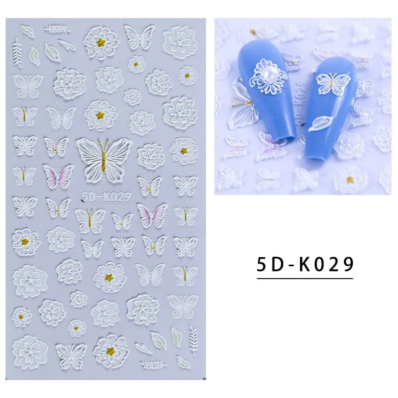 5D Butterfly Nail Sticker Engraved White Flower Sliders Embossed Lace Wedding Nail Art Design Monogram Decals Manicure Tools-Nail Inspo