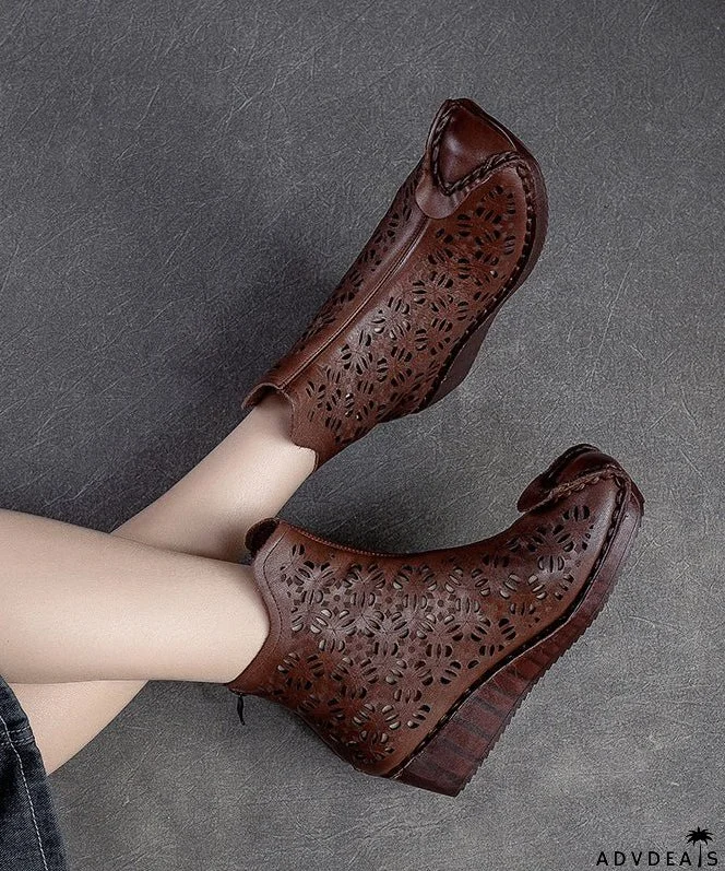 Simple Cowhide Hollow Out Leather Splicing Wedge High Wedge Heels Shoes